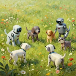 a beautiful detailed matte painting of robot dogs playing in a field of flowers Simon Stålenhag, Jakub Różalski, James Gurney, trending on artstation