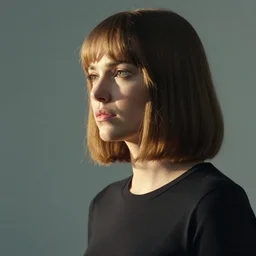 a beautiful medium - shot of scarlett johnasson as motoko kusanagi looking into the distance, beautiful light failling on her face, chin - length bob with bangs hairstyle, by annie leibowitz