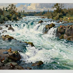 a wide river with rapids and powerful currents, extremely detailed oil painting, rhads, sargent and leyendecker, savrasov levitan polenov, bruce pennington, studio ghibli, tim hildebrandt, digital art, landscape painting, trending on artstation, masterpiece