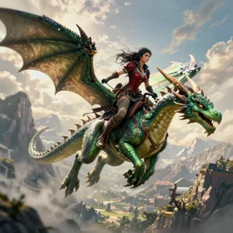 epic fantasy dungeons and dragons scene, female halfling rogue, dragonrider, flying on top of a green dragon, green dragon, waterdeep, black hair, rogue, fantasy, red leather corset, cinematic, beautiful lighting, heroic, digital art, sky, mountain