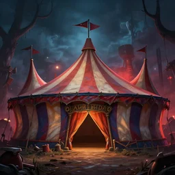 a circus tent in an evil carnival in the style of league of legends