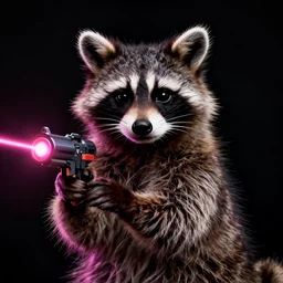 “ portrait of a racoon in the style of kung fu panda and assasin ’ s creed holding laser gun, with a black background, digital art, award winning, trending on art station, retro style ”
