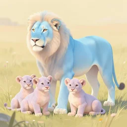 beautiful aesthetic digital illustration of a pale blue lioness with a litter of pastel cubs