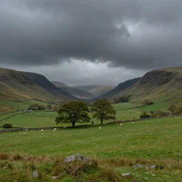 artwork of the cinematic view of a landscape of cumbria by john howe, thundery weather, couple of groves, sheep pasture, landscape view