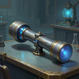 a league of legends concept art of a portal gun from aperture science laying on a table in a laboratory, art by cushart krentz and greg rutkowski, elegant, sharp focus, morandi color scheme, fantasy style, illustration, high quality, digital art, hyperrealism, octane render, commission art, 4 k resolution