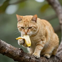 yellow cat on a tree branch eating bananas, dslr, 4k, telephoto, f1.8, shallow depth of field