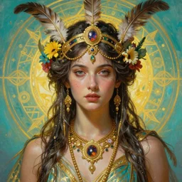 hyper realistic portrait painting of goddess cybele with intrincate detail, golden ornaments, feathers wet, flowers, by godward, gustav moreau, saturno butto, boris vallejo, austin osman spare and david kassan, by bussiere. occult art, occult diagram, turquoise and yellow color scheme.