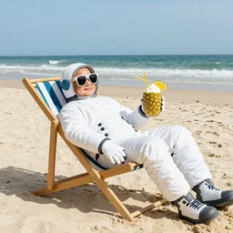 spaceman lounging on a beach chair and on the beach having pina colada