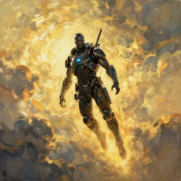 cyberpunk, man flying, levitation, epic pose, atmospheric lighting, painted, intricate, golden hour, ultra detailed by peter gric, giger, enki bilal