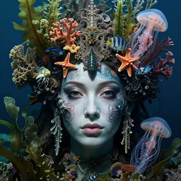 hyperrealistic detailed underwater face portrait of the beautiful god of the fish with an intricate headgear of corals, sea kelp, sea plants, fish, starfish, jellyfish, art by ernst haeckel, james jean, john william godward, gothic, neo - gothic, ornamental, beautiful deep colours,