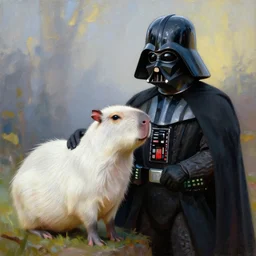 white capybara petted by darth vader, surreal photography, volumetric light, impressionist painting, digital painting, artstation, kilian eng, john harris, bastien lecouffe - deharme, simon stalenhag