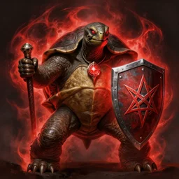 magic : the gathering fantasy character concept art by franz frazetta, high resolution. a clear portrait of an evil - looking, anthropomorphic tortoise, no clothing just in a shell, wearing a magic amulet, holding a buckler shield with a pentagram on it, he is radiating a red arcane energy aura, gritty coloring, intricate, digital painting, artstation, smooth, sharp focus