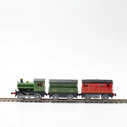 mid-century toy train set, high detail macro photography, isolated on a pure white background, centered, entire object in frame, sharp focus, soft studio lighting