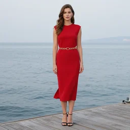 a fancy beautiful young lady standing on a wharf at the edge of the sea, very tight gold chain belt, stylish heels, beautiful hair, red dress, by brom and gil elvgren and jean delville and william blake and norman rockwell and michael whelan, crisp details, hyperrealism, high detail, high contrast, low light