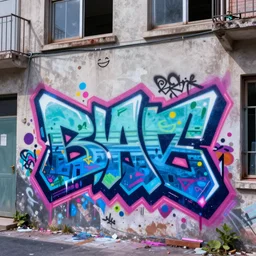 graffiti on a wall in a run down building, happy mood, cyberpunk, futuristic, neon, high detail, golden light, realistic