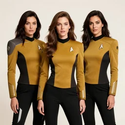 medium shot, studio photographic portrait of victoria secret models wearing futuristic starfleet uniforms