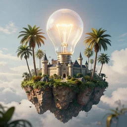 a castle surrounded by giant palm trees on a giant floating island in the sky, giant light realistic light bulb glowing in the sky, cinematic, digital art by erik johansson, 8 k resolution, hyper detailed, sharp focus