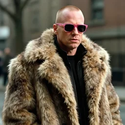 film still of Sam Rockwell as Tyler Durden wearing big fur coat and pink sunglasses in Fight Club 1999