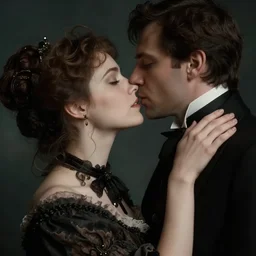 detailed cinematic moody colors studio portrait of the memories of a victorian lady with a sensual pose kissing a gentleman with a blurred face high quality by jeremy mann, only one head single portrait