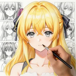 full headshot portrait of blond girl with gray eyes draws a brush, drawn by wlop, by avetetsuya studios, attractive character, colored sketch anime manga panel, cirno from touhou, trending on artstation
