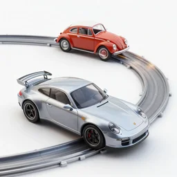 a porsche car mixed with a beetle car driving through a hot wheels looping. real photo