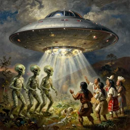 painting of aliens coming out of a ufo greeting native americans by pieter bruegel,