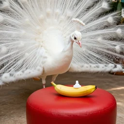 a white peacock uses furniture polish on a round red banana