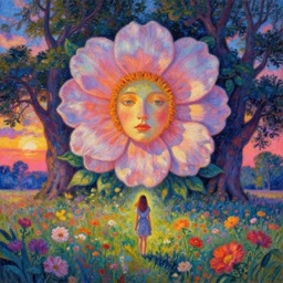 giant flower face, girl standing in flower field, surreal photography, big trees, sunrise dramatic light, impressionist painting, colorful clouds, digital painting, pointillism, artstation, simon stalenhag