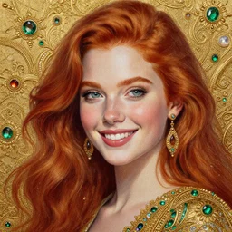 Highly detailed painting of a beautiful young woman with red hair, smiling by Craig Mullins, Fabric texture, gold details, gemstone insets, Golden thread, golden details, emeralds, intricate details, intricate patterns 4k, 8k, HDR