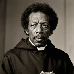intense portrait of miles davis as a medieval priest, sepia photography