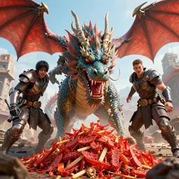 unexpected windfall, dragon fodder, kardur’s vicious return, cinematic, hyper realism, high detail, octane render, unreal engine, 8k, vibrant color, by dom qwek and andrea chiampo