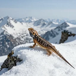 photo of an horned dragon lizard on snowy mountain peak, snow, 50mm, beautiful photo