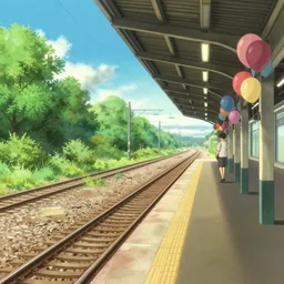 indoor render of a train station, railway platform, summer, rail, trees, sunshine, balloons, 4 k wallpaper, very detailed, by makoto shinka and ghibli studio, hyper realistic render