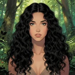 artgerm, joshua middleton comic cover art, full body pretty even rachel wood faye elf, symmetrical eyes, symmetrical face, long curly black hair, beautiful forest, cinematic lighting