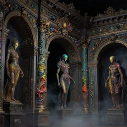 dark baroque neoclassicist halls decorated with art and filigree with sci - fi colorful alien organic textures. close - up view, detailed iridescent textures. glowing fog, dark black background. highly detailed fantasy science fiction painting by moebius, norman rockwell, frank frazetta, and syd mead. rich colors, high contrast