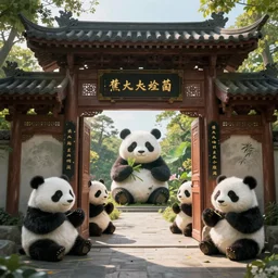 The gates to the eternal kingdom of pandas, digital art, HD, detailed.