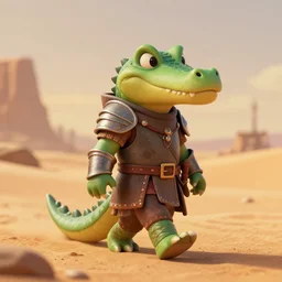 antropomorphic medieval knight crocodile warrior as nendoroid walking in a desert in the croods movie style, anime, disney, pixar, 8 k, hd, dof, kodak film, volumetric lighting, subsurface scattering, photorealistic, octane render, details