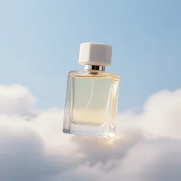 airy bright perfume bottle floating in whispy clouds, with dreamy light blue sky and clouds in the background, softly - lit, soft - warm, zen, light, modern minimalist f 2 0 clean