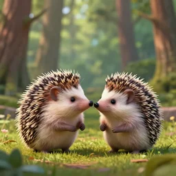 3d render of two hedgehogs in a forest, romantic