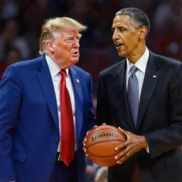 highly detailed oil painting of donald trump and barack obama playing basketball artstation sharp focus cinematic lighting