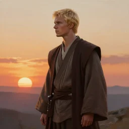 a young blonde male jedi with short hair standing still looking at the sunset concept art by Doug Chiang cinematic, realistic painting, high definition, concept art