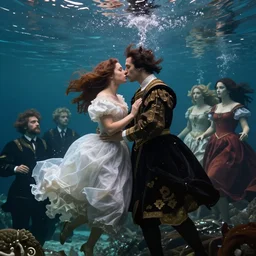 epic beautifull renaissance portrait of a couple romantic date underwater, art by * christy lee rogers and gessica marmotta and zena holloway * ( with help of mario testino and peter lindbergh, marta syrko, julia hetta, and neil leifer )
