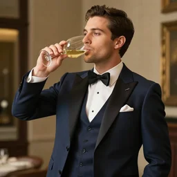 a yesman in an elegant suit drinking wine