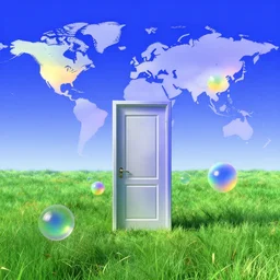 a world with orbs flying over a single door in a meadow with blue sky. slick, futuristic design. colorful soft gradients, translucence. pre - 2 0 0 0 s era. 9 0's computer art, early computer graphics