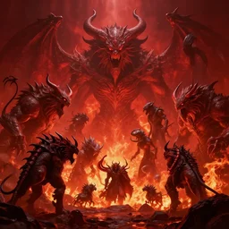 chaotic underworld filled with mythical beasts, demons, fiery atmosphere, red background, concept art, volumetric lighting, detailed, cinematic