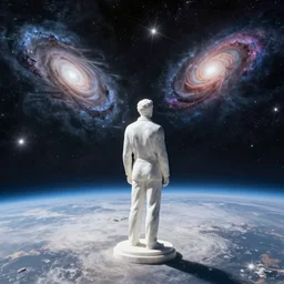 white marble sculpture of a man on the horizon of a planet looking at two galaxies colliding in space, sci-fi, high detail, light reflections, matte painting, style by syd mead, 8k, octane render, volumetric, vivid, beautiful, hyperrealism”