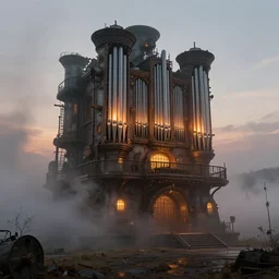 panoramic photography of steampunk pipe organ at dawn lights smog, concept art landscape dynamic lighting digital art