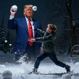 a photorealistic hyperrealistic, boy throwing snow balls on donald trump, beautiful dynamic dramatic low - light moody lighting, cinematic atmosphere, artstation, concept design art, octane render, 8 k