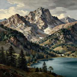 mountains, trees, and lake, by caravaggio