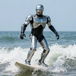 a still of robocop surfing 4 k, professional.